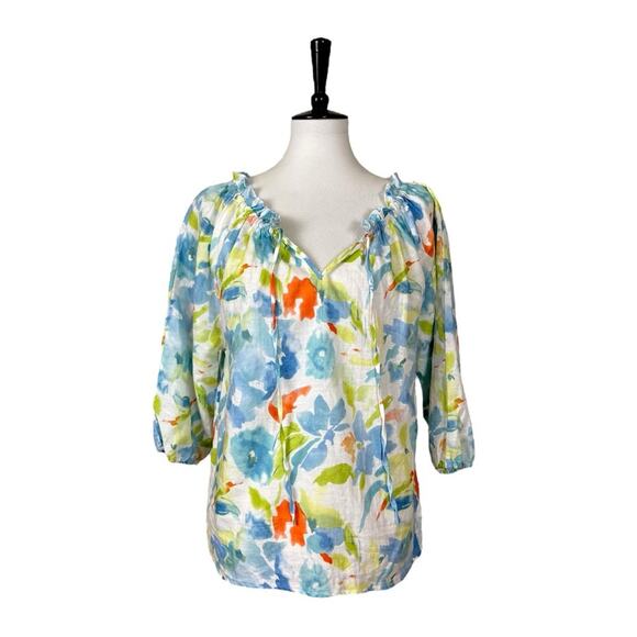 Hester & Orchard Top Linen Cotton Tie Neck White Multi Floral Women’s Size Small - Picture 10 of 10